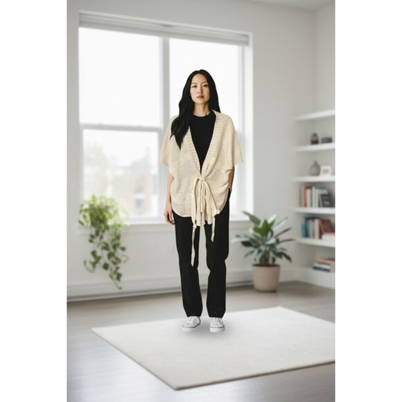 Nine West Women’s Beige Knit Cardigan Size XL Short Sleeve Belted Sweater - Picture 1 of 3